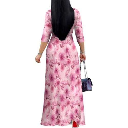 Image of SUZONANA Plus Size Dresses for Curvy Women Floral Print Maxi Dress Bodycon Wrap Boho 3 /4 Sleeve Long Dressy with Belt Wedding Guest Pink L