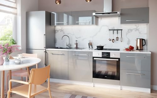 TRANS - PAL Modern Kitchen Cabinet Set, 6-Piece, Grey High Gloss Finish, Complete with Appliance Housing