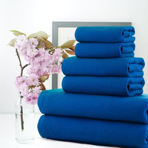 Image of Casa Copenhagen, Egyptian Cotton - Waffle Terry Towel 6 Piece Set, Includes 2 Bath Towels 2 Hand Towels 2 Washcloths - Electric Blue