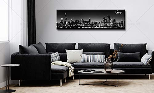 Image of DJSYLIFE Black & White Chicago Skyline Canvas Wall Art 13.8 inch x 47.3 inch | Fade-Resistant Panoramic Skyline Print, Ready to Hang for Bedroom, Office, Living Room Decoration