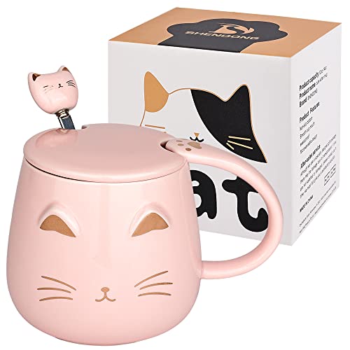 SHENDONG Pink Cat Mug Cute Ceramic Coffee Cup with Kawaii Lid and Lovely Stainless Steel Spoon Novelty Morning Cup Coffee Milk Tea Mugs