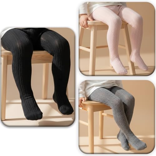 Image of SYGA Baby Tights Soft Cotton Leggings For Girls Toddler Solid Knit Stockings Socks Warm Crochet Pants Pack Of 3 (4-6 Year, Black /Pink /DarkGrey)