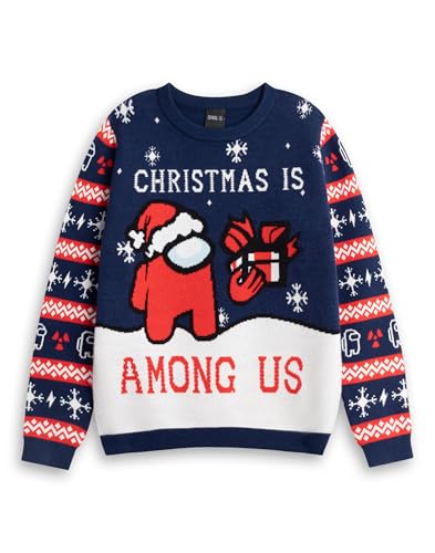 Image of Among Us Red Crewmate Boys Navy Christmas Jumper | Long Sleeve Fair Isle Design with 'Christmas is, Text | Holiday Celebrations Outfit Merch - 9-10 Years