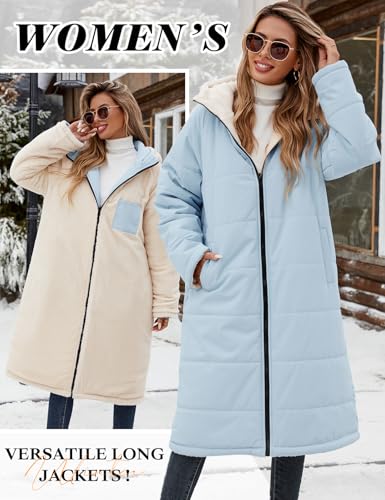 Vancavoo Wintermantel Damen Lang Winterjacke Warm Gefüttert Winterparka Winter Jacke Mantel Parka Steppmantel Daunenmantel mit Kapuze,Blau,XL