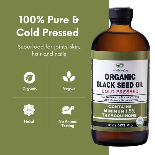 Organic Black Seed Oil - Usda Certified, Cold Pressed Glass Bottle 16Oz - Over 1.5% Thymoquinone Turkish Black Cumin Nigella Sativa Non-Gmo 100% Pure Blackseed Oil #TOP1