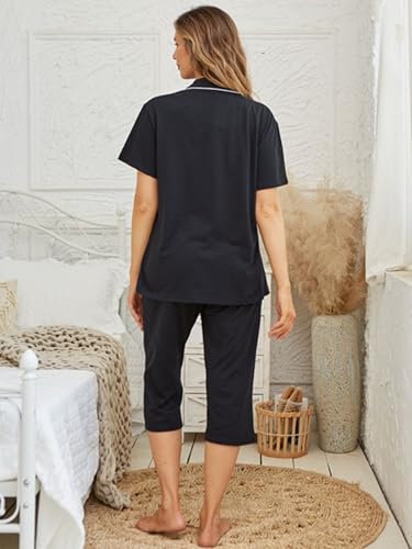 Image of Tugege Capri Pajamas Set Womens Button Down Short Sleeve Lounge Sets Sleepwear Notch Collar Top & Capri 2 Piece PJ Sets