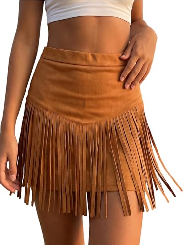 Image of Acrawnni Womens Western Cowgirl Fringe Mini Skirt Vintage Cowgirl Cowboy Outfits High Waisted A Line Faux Suede Party Skirts (A-Light Brown, L)