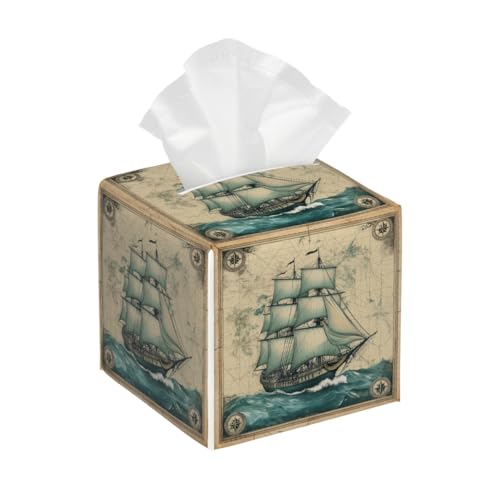 Tissue Box Cover Square Leather, Vintage Nautical Sailboat Sailing Sea Adventure Tissue Holder Facial Paper Organizer Dispenser for Tabletop Bathroom Tabletop Car