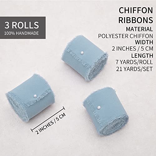 Doris Home 3 Rolls 2"X7Yd Fringe Chiffon Ribbon For Flower Bouquet, Handmade Dusty Blue Ribbon For Gift Wrapping, Frayed Edge Ribbon For Crafts, Decorating, Bouquet Wrap, Wedding Invitation #TOP1