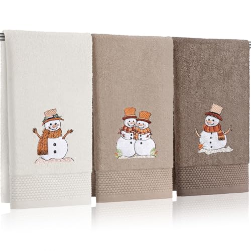 FuWeave 3 Pcs Christmas Hand Towels Cute Snowman Family Embroidered