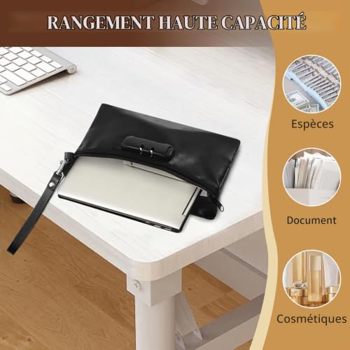 momgyaamz Pochette Anti Feu, Pochette Etanche Ignifuge avec Serrure à Combinaison, Sac de Protection pour Documents Importants, Rangement Papier Zippé pour Voyage et Bureau, 25x17cm Noir – vue 7