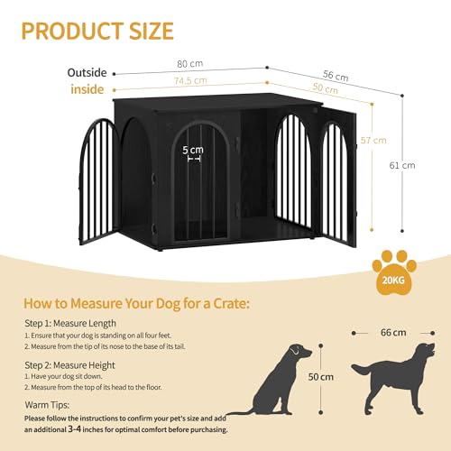 Hzuaneri Hundekäfig Möbel, 80cm Hundebox für Zuhause, 3 Türen, Bogentür, Moderne Hundebox Indoor für Hunde, Beistelltisch, Hundekäfig Hochbelastbar, 80 x 56 x 61 cm, Schwarz DFC85104B