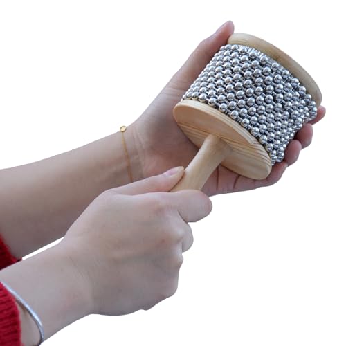 Wooden Cabasa Percussion Instrument with Metal Beaded Chain, Hand Shaker for Band Music Education, 3.5 Inch (3.5inch)