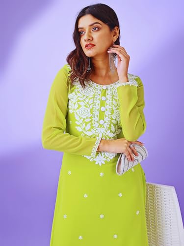 Image of HESVI Women's Georgette White Lakhnavi Chikankari Kurti with Intricate Embroidery Work