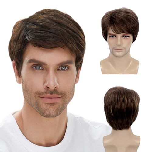 MLPKOI Short Brown Mens Wigs, Sshort Light Brown Wig, Costume Wigs for Men, Wig Men, Fancy Dress Accessories, Men's 70s 80s Disco Short Curly Fluffy Cosplay for Halloween Cosplay Daily Use