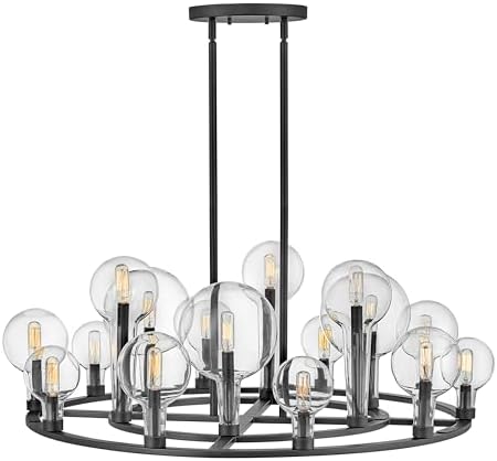 Hinkley Alchemy Fifteen Light Large Indoor Chandelier, Different Sized Tapered Globes, Single Tier, Extended Candle Sleeve, T6 or T8 Bulbs Only, Black Finish w/Clear Glass