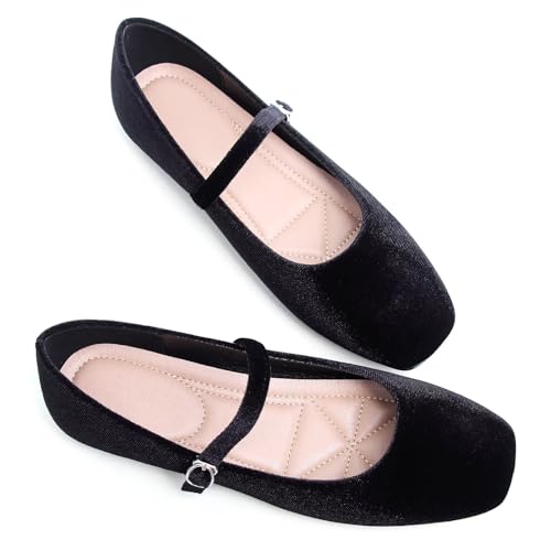 Image of TN TANGNEST Leather Flats for Women Retro Mary Jane Flats | Comfortable Square Toe Slip On Flats with Buckle Strap, Soft Work Flats Office Shoes