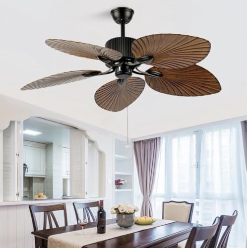 Image of Tropical Palm Leaf Ceiling Fan, 52-Inch, Bronze with Wooden Brown Blades, Indoor Decor, Remote Control Decorative Ceiling Fan|Casablanca