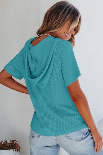 Image of Dokotoo Womens Summer Tops Waffle Knit Short Sleeve Lightweight Drawstring Hoodies Button V Neck Casual Blouses Shirts