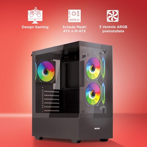 Nuwo Clash CK500 | Case Pc Gaming Atx Mid Tower | 3 Ventole Argb 120Mm | Pannello Frontale E Laterale In Vetro Temperato Senza Cornice | Nero - 7