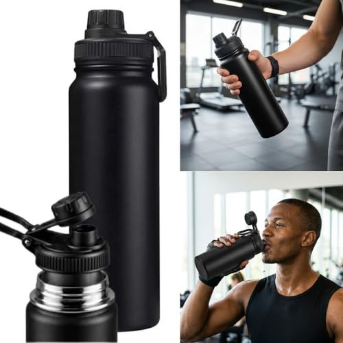 Garrafa de Água Térmica Inox 800ml - Garrafa Inox Portátil, BPA Free, Antivazamento, Parede Dupla Isolamento a Vácuo Quente e Frio - Garrafinha Academia Corrida Escritório - Amel (Preto)