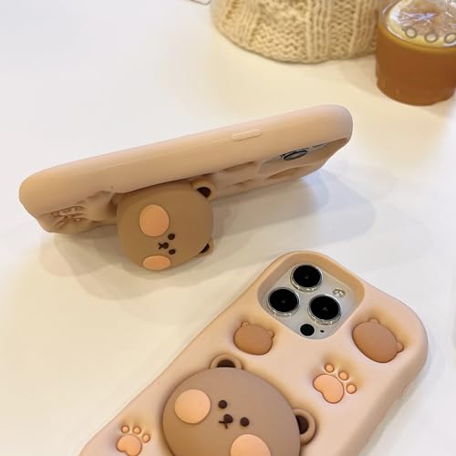 Image of MIDOS Back Cover Compatible With iPhone 14 Pro Max Soft Silicone 3D Cute Cartoon With Holder Full Protective Case For iPhone 14 Pro Max (Bear),Beige