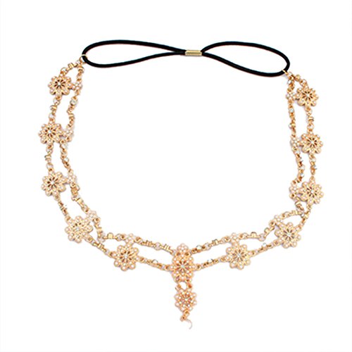 Yoyorule Pearl Tassel Flower Stretch Headband Crystal Hair Chain Gold