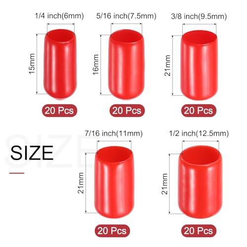 Tapas protectoras de goma rojas uxcell para roscas de tornillo (100 unidades de varios tamaños) 3