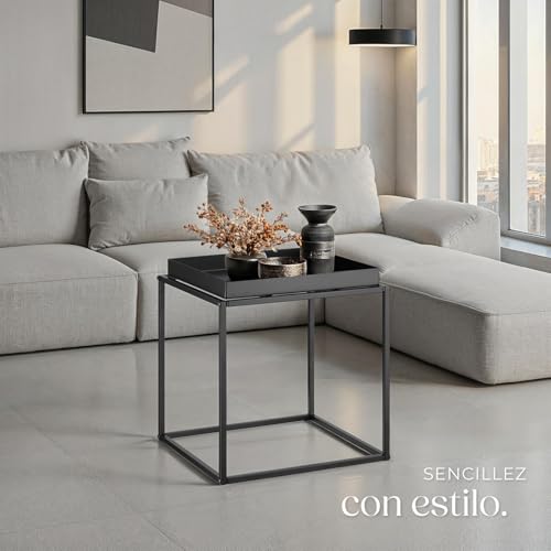 Miniatura 2 de Tectake Mesa Auxiliar Apilable, Acero Con Bandeja, Topes Antideslizantes, Muebles Auxiliares, Mesas Salon, Mesitas De Noche, Mueble Comedor, Mesa De Centro - 40 X 40 X 44 Cm Negro