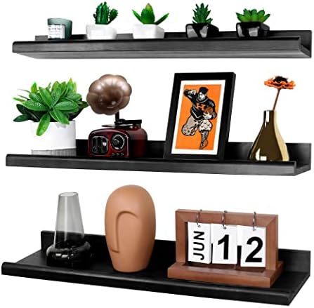 Annecy Floating Shelves Wall Mounted Set of 3, 24 Inch Black Rustic Wood Shelves for Wall, Wall Storage Shelves with Guardrail Design for Bedroom, Bathroom, Kitchen, Office, 3 Different Sizes