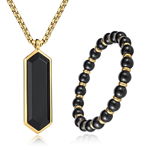 2Pcs Mens Jewelry Set - Black Crystal Necklace And Bracelet Set With Black Onyx And Gold Pendant