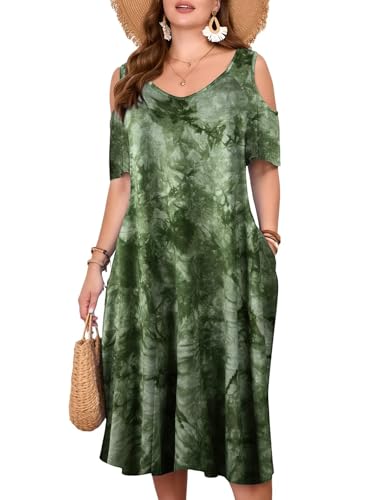 Image of LARACE Plus Size Women Dress for Summer, Midi Women's Sundress, Casual V-Neck Short Sleeve Flowy T-Shirt Dresses with Pockets