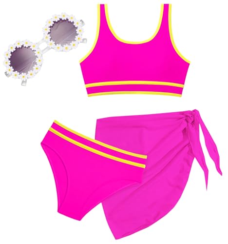 Teen Girls Swimsuit High Waist Sporty Bikini Bathing Suits with Cover Up Skirt and Sunglasses 4 Piece Set 8-15 Years (US, Age, 8 Years, 9 Years, Pink)