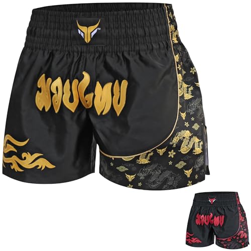 Pantalones cortos de kickboxing para niños pantalones cortos de muay thai para jóvenes para lucha en jaula entrenamiento de MMA y artes marciales (FR/ES, Letras, XS, Regular, Regular, Negro/Dorado)