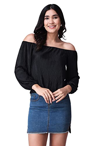 POPWINGS Casual Wrinkle Off Shoulder Crop Top for Women - Designe...