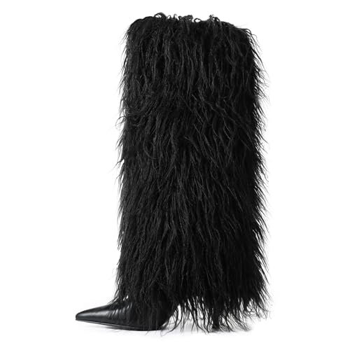 Kalstage Women Fur Knee High Boots Heels Wide Calf Fold Over Tall Boots for Party Evening Fashion Shows