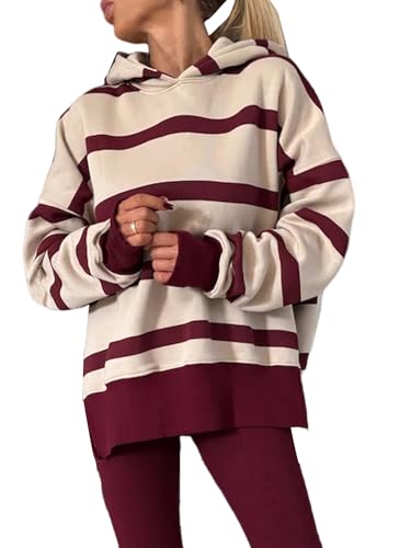 Bloepum Women's Stripe Lounge Set Drop Shoulder Oversized Fleece Hoodie