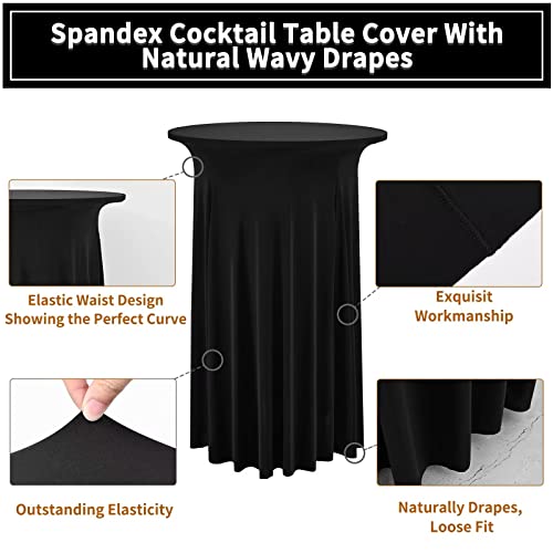 6 Packs Round Cocktail Table Skirt 32"X 43" Spandex Stretch Cocktail Tablecloth With Wavy Drapes, Black Spandex Fitted High Top Table Covers For Wedding Bar Party Birthday Banquet Table #TOP2