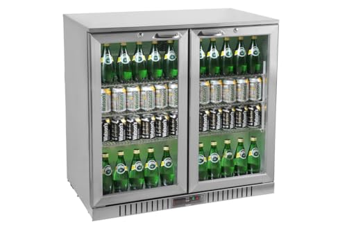 METRO Professional Frigorífico GBC3002S con puerta de cristal templado, acero inoxidable/aluminio, estantes regulables, con cerradura, descongelación automática, iluminación LED (198 L, Plata)
