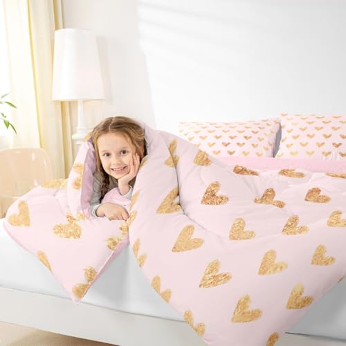 Image of Erosebridal Cute Heart Pattern Toddler Comforter Set Gold Pink Bedding Set for Kids Girls Valentine Love Geometric Comforter Love Heart Duvet Insert