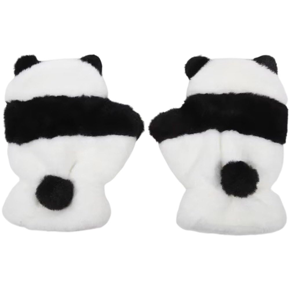 Fituenly Women's As Shown Winter Warm Gloves Student Plush Half Finger Cartoon Cute Thickened Panda Black White Mittens
