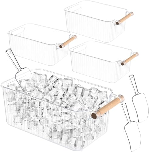4 Sets Ice Bucket for Freezer with Lid and 2 Scoop Clear Plastic Freezer Ice Bin with Handle Clear Storage Bucket for Kitchen Fridge 11x6x4.3 Inches