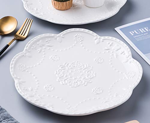 Jusalpha Embossed Lace Porcelain Plate-Dinner Plate Set, Pasta/Salad/Dessert Plate Dishwasher Microwavetableware Set For Restaurant Family Party Kitchen Use -4 Pieces, Fd-Pl15 (8 Inche, White) #TOP5