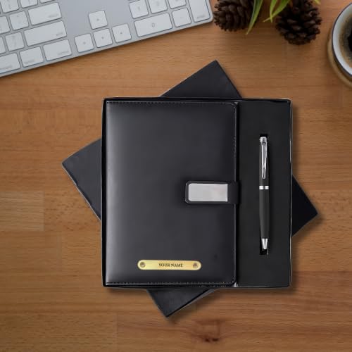 Image of 2 in 1 Personalized Diary & Pen Gift Set | Custom Name Engraved Leather Notebook & Metal Pen | Perfect for Office, & Corporate, Personal Use & Gifting (Black)
