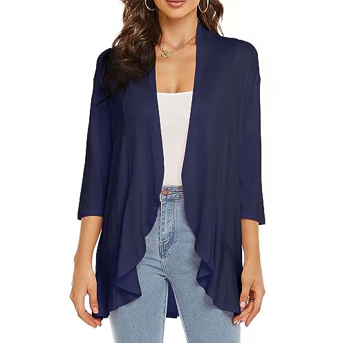 Image of Womens Lightweight Cardigan Open Front Cardigans Soft Draped Ruffles 3 /4 Sleeve Cardigan (S-3XL)