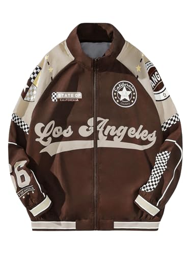 SOLY HUX Men's Letter Graphic Bomber Jacket Zip Up Mock Neck Long Sleeve Unisex Jacket Streetwear