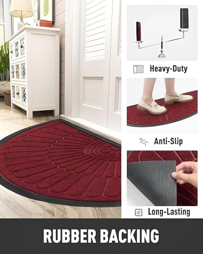 Image of Semi-Circle Durable Rubber Non Slip Front Door Mat for Outside Inside Entry Entryway | Dirt Trapper Welcome Mat for Muddy Paws and Shoes, Maroon, 45x75 cm