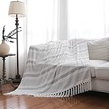 IKATYARN Grey White Striped Chenille Throw Blanket, Velvety Gray and White Rustic Decorative Chair Throw with Fringe, 50 x 60 Inches