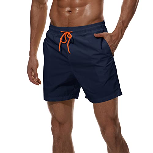 Faskunoie Men's Swim Shorts Swimming Surf Outdoor Beach Wear Nylon Short With Pockets Navy #TOP1