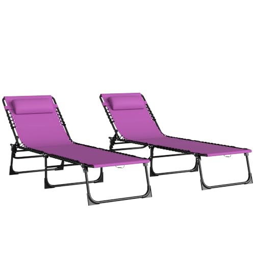 Outsunny Folding Chaise Lounge Chair Outdoor Set of 2 Mesh Seat Purple | Foldable, Sun Tanning Chair, Chaise Lounger, 4-Position Reclining Back, for Outside Patio Beach Poolside Backyard